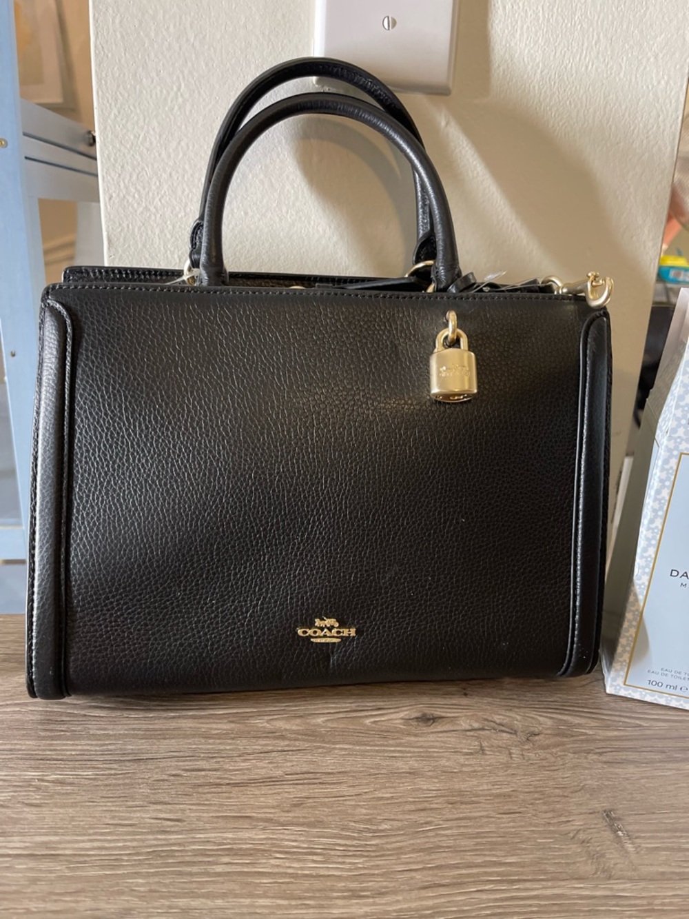 Coach Black Pebbled Leather Satchel with Gold Padlock Accent